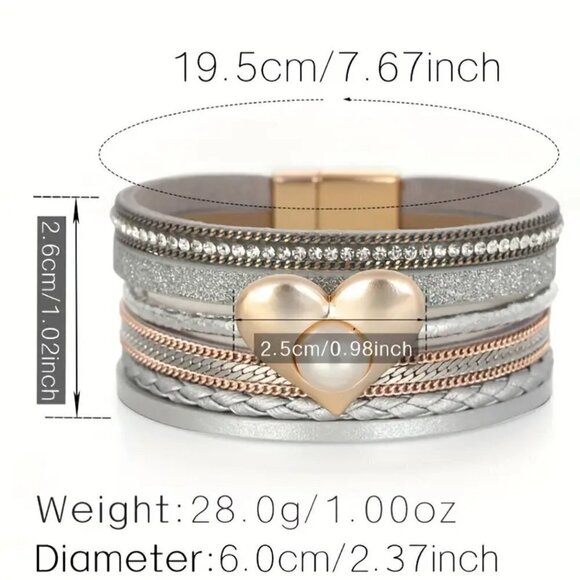 Gold Multi-Layer Heart Pearl Magnetic Clasp Bracelet Boho Chic Sparkle Jewelry - Picture 6 of 6